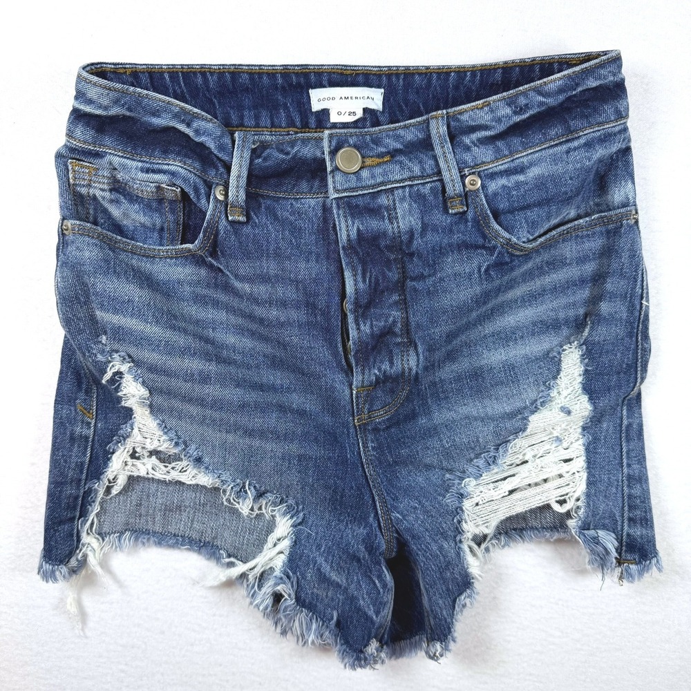 Good American Distressed Denim Shorts Blue Button Fly Raw Hem Size 0/25 GBS991T
